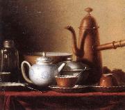 unknow artist Still life of a chocolate pot,teapot,sucrier,bowl,teajar,tea cups and saucers,and silver spoons,all upon a draped table top USA oil painting reproduction